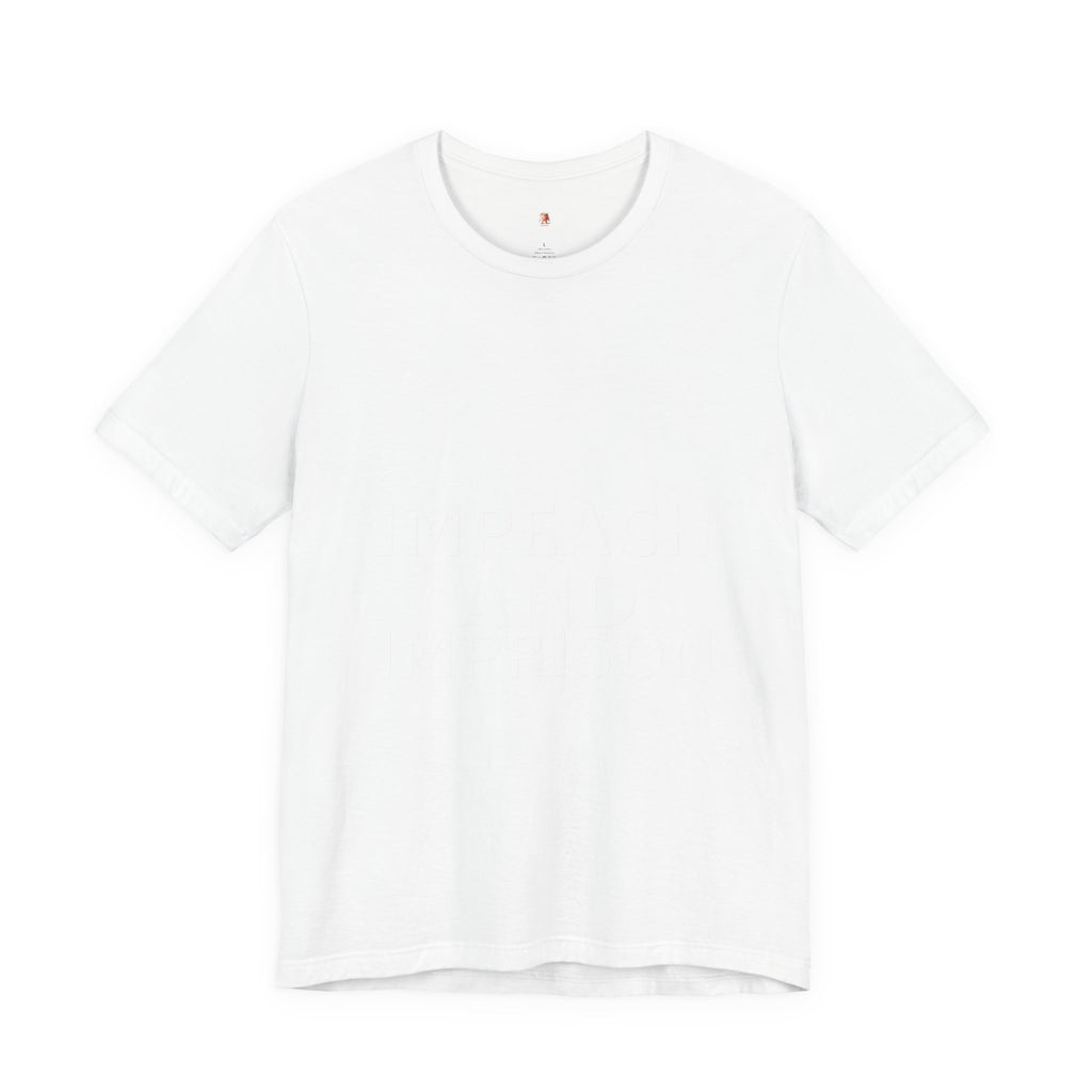 Impeach and Imprison political tee back view showing peach heather fabric and premium Bella Canvas fit