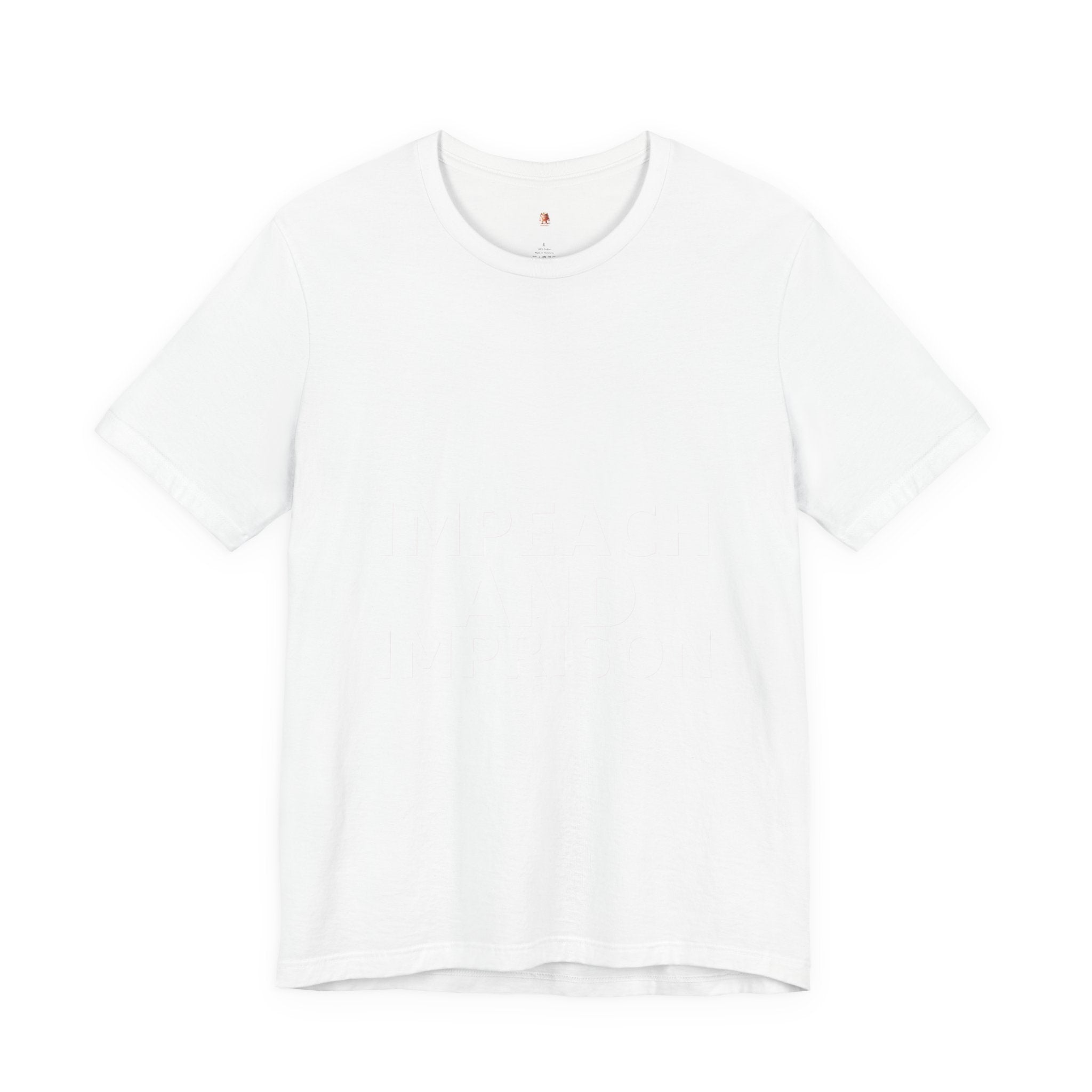 Impeach and Imprison political tee back view showing peach heather fabric and premium Bella Canvas fit