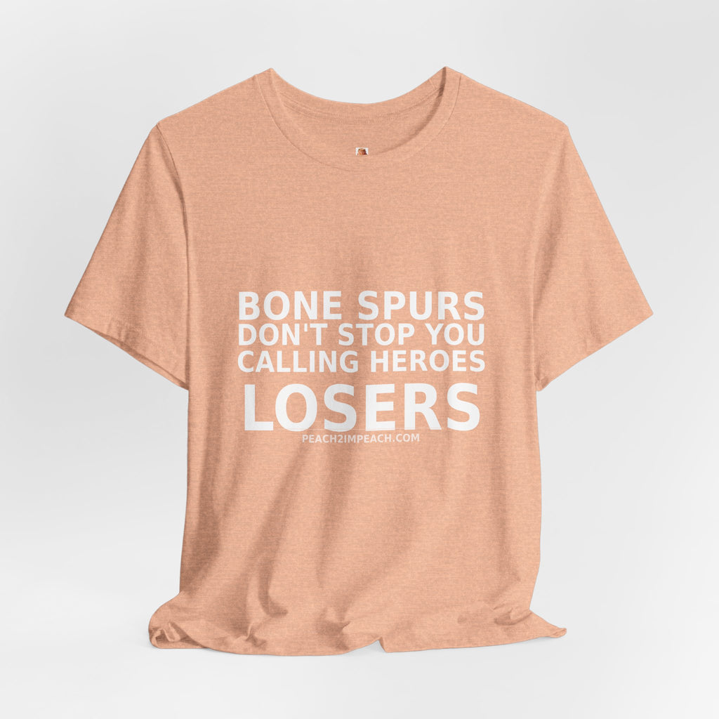 Angled lifestyle view of peach Bone Spurs anti-Trump military protest t-shirt by Peach2Impeach