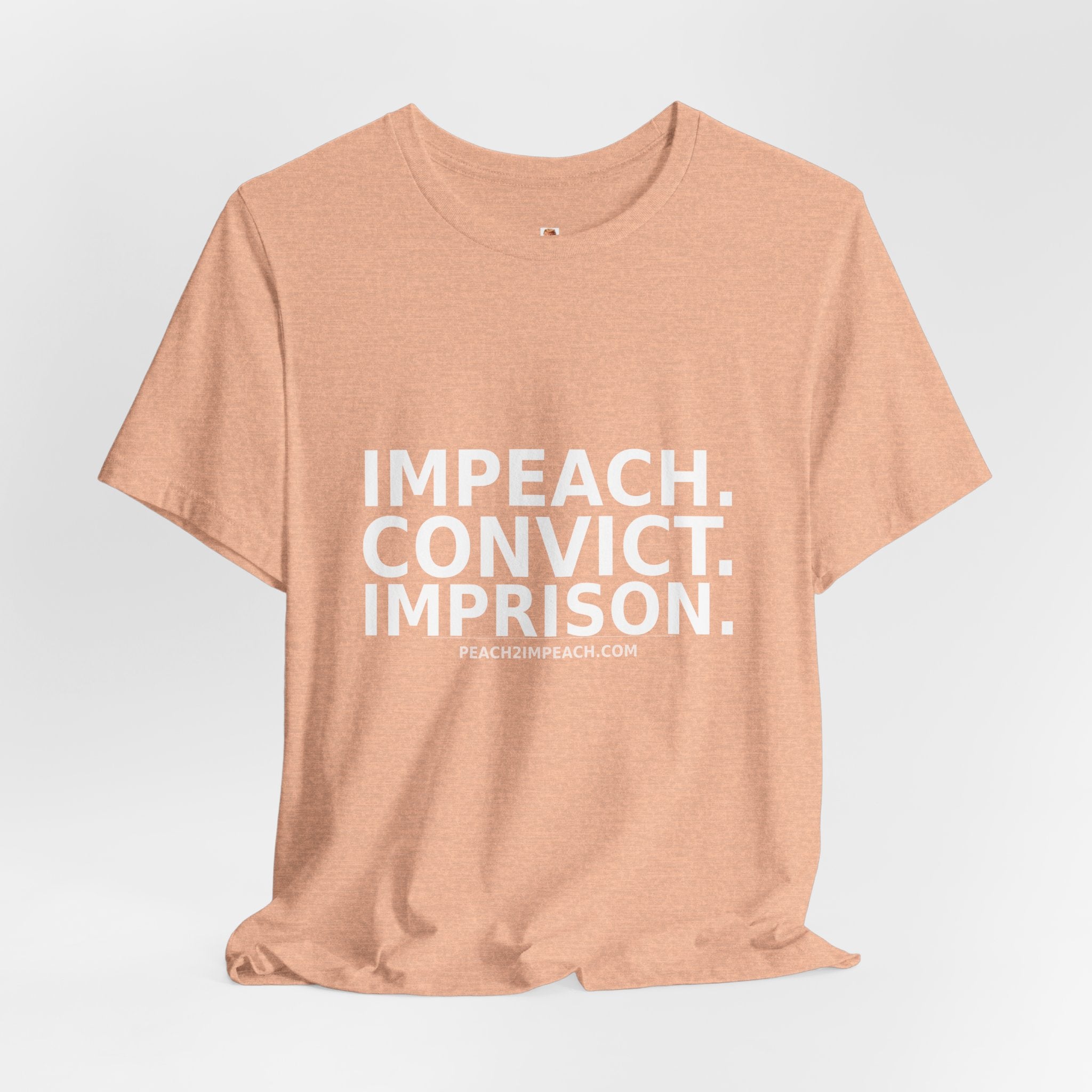 Angled lifestyle view of peach Impeach Convict Imprison Trump accountability protest t-shirt by Peach2Impeach