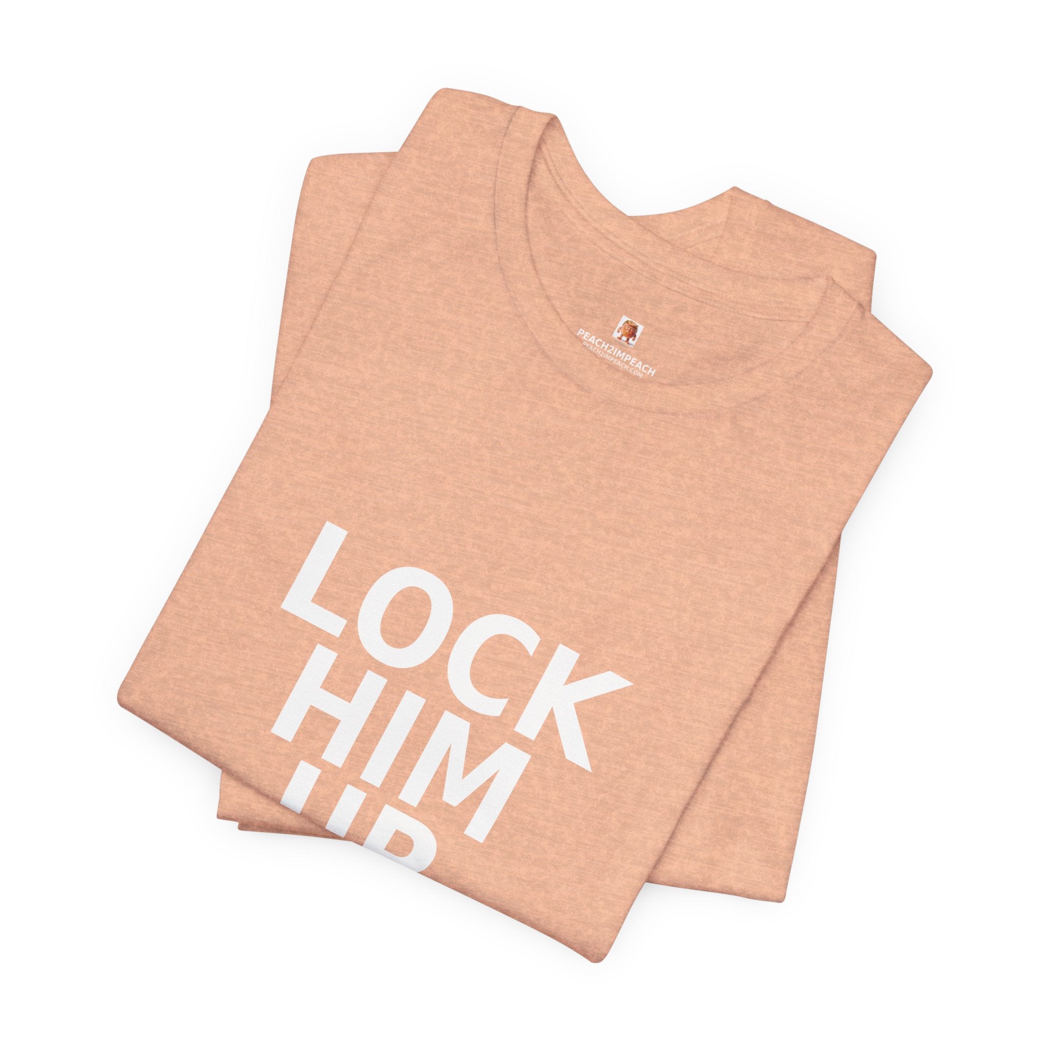 Angled lifestyle view of peach Lock Him Up Trump convicted political protest t-shirt by Peach2Impeach