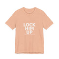 Folded peach Lock Him Up Trump convicted political protest t-shirt by Peach2Impeach