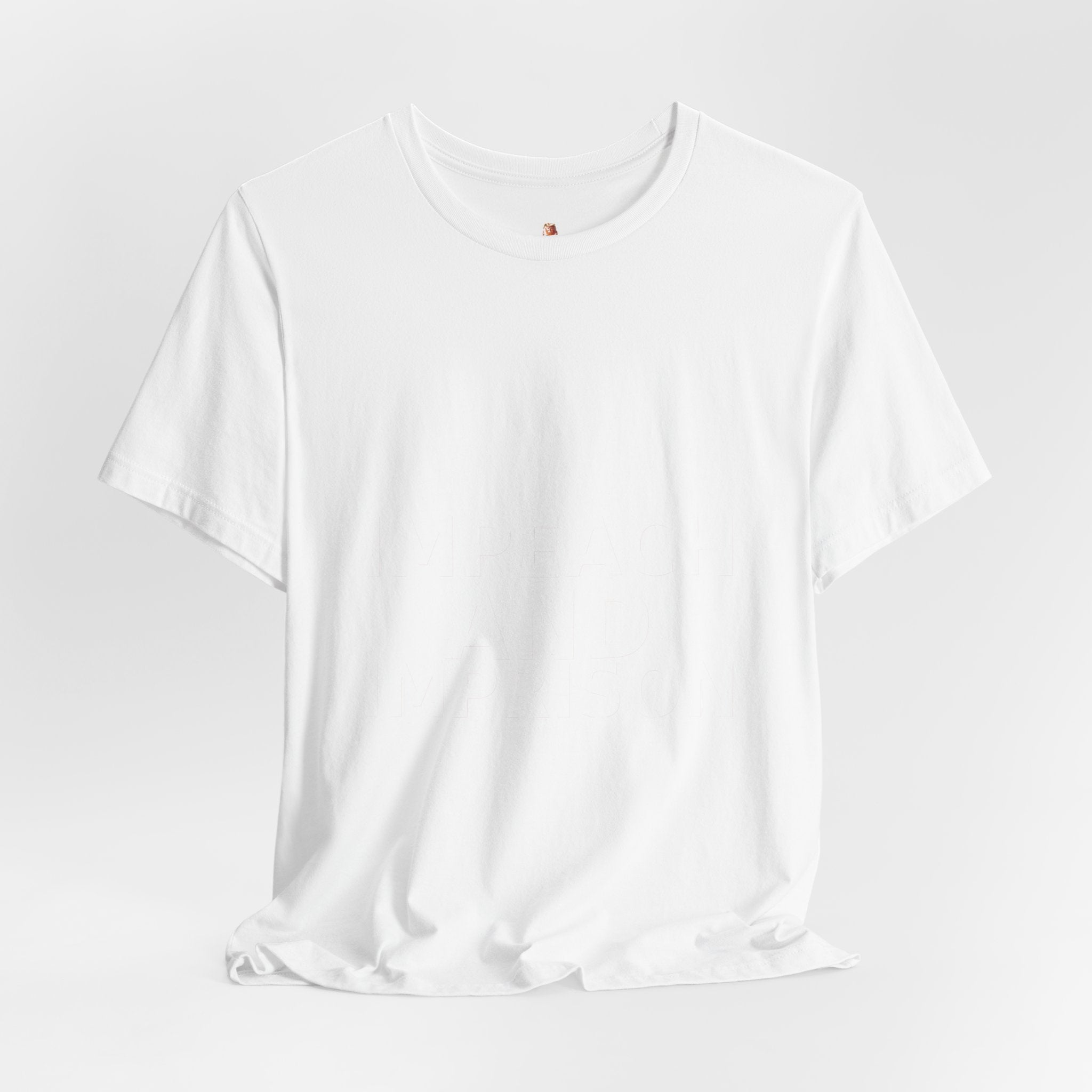Impeach and Imprison trump accountability tee hanger mockup showing full front design and Airlume cotton quality